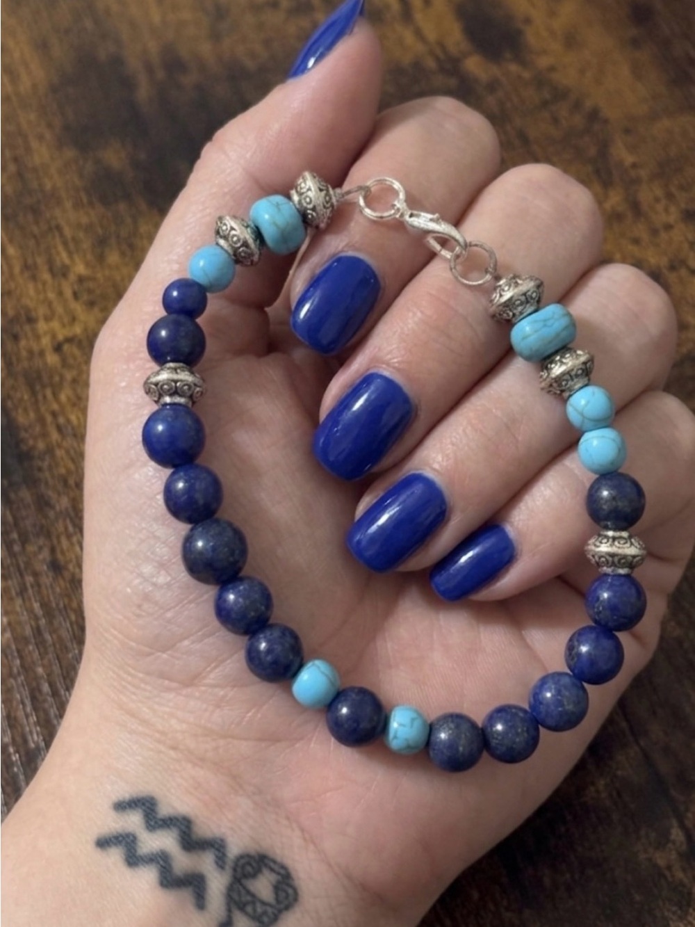 Artisan Lapis and Turquoise Beaded Bracelet with Silver Accents